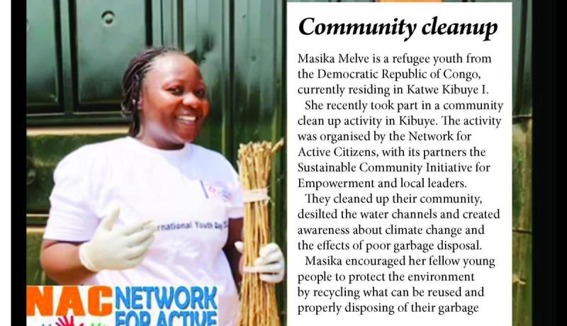 Masika takes part in a community clean-up exercise in Katwe