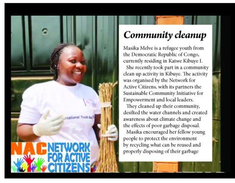 Masika takes part in a community clean-up exercise in Katwe